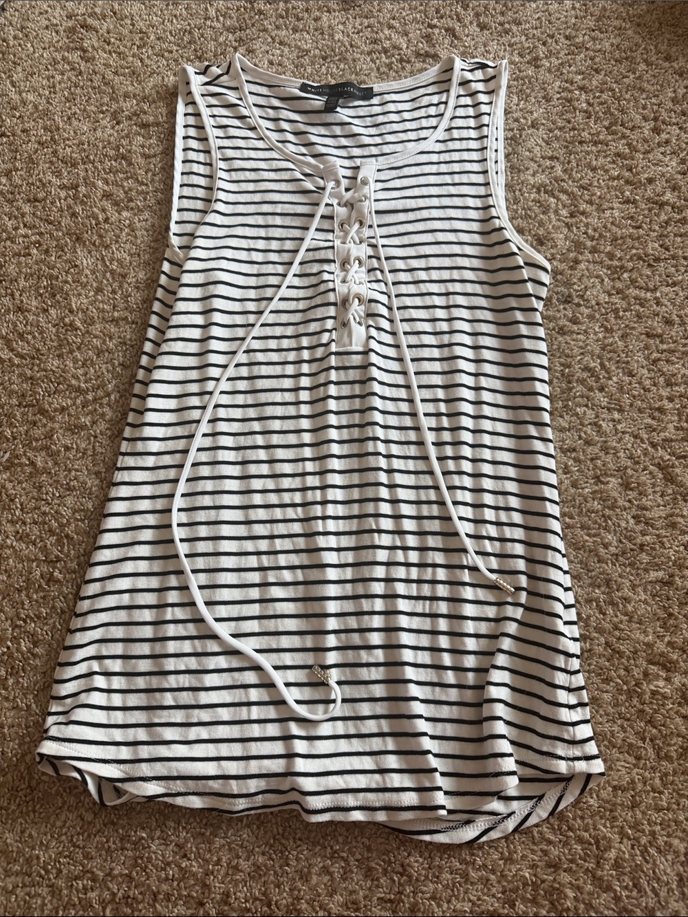 White House Black Market White and Black Striped Lace-Up Tank